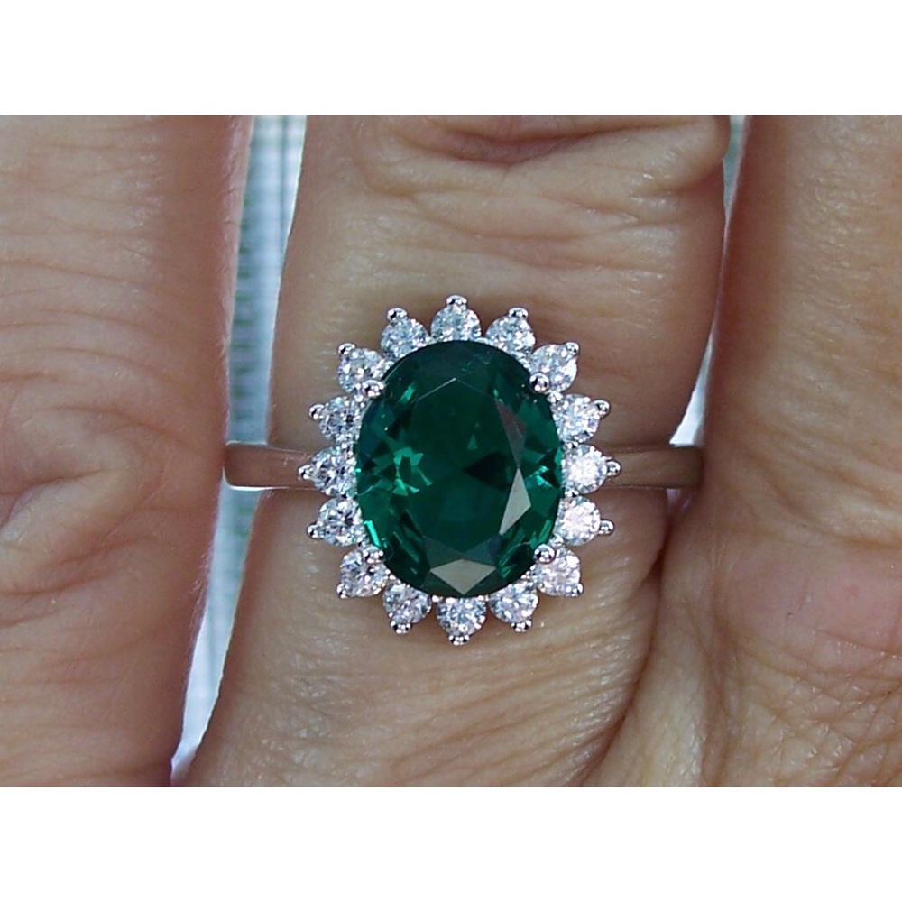 925 STERLING SILVER Simulated Emerald Cubic Zirconia Halo Ring - Picture 13 of 16